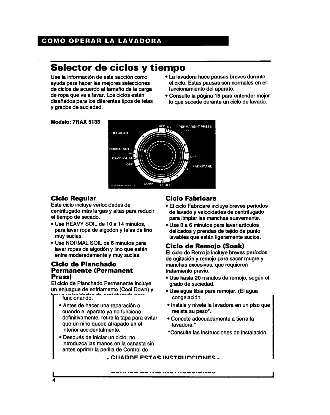 Whirlpool 3366860 warranty Selector de ciclos y tiempo, Ciclo Regular, Ciclo de Planchado Permanente Permanent Press 