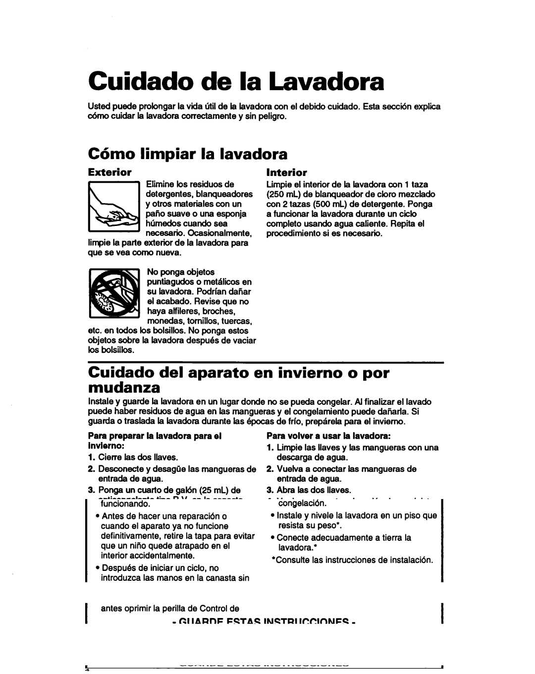 Whirlpool 3366860 warranty Cuidado de la Lavadora, C6mo limpiar la lavadora, Cuidado del aparato en invierno o por mudanza 