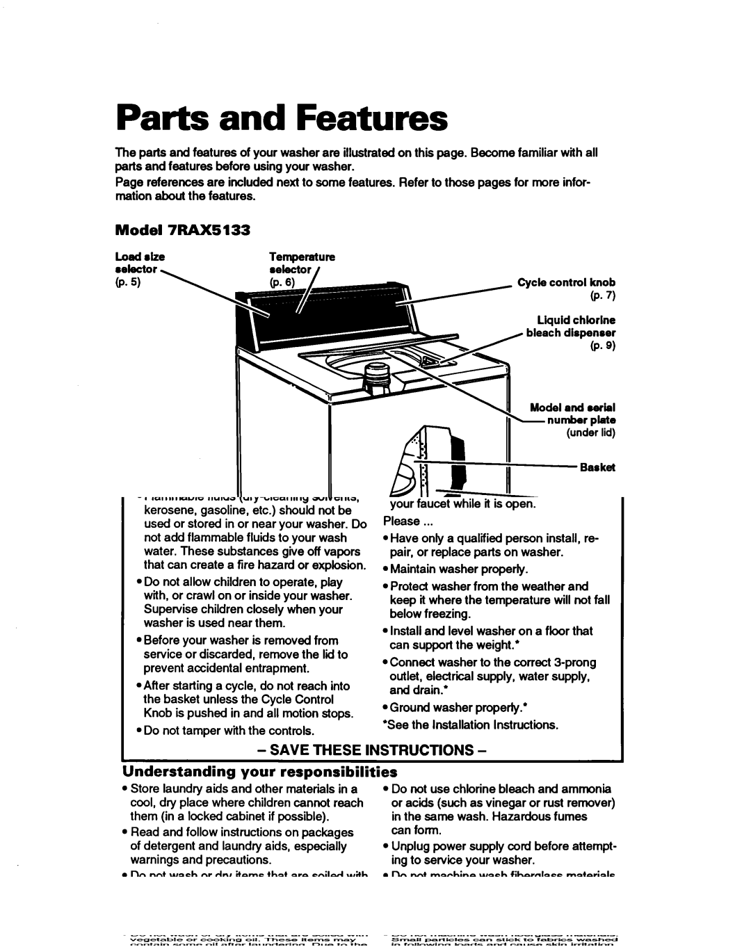 Whirlpool 3366860 warranty Parts and Features, Model 7RAX5133 