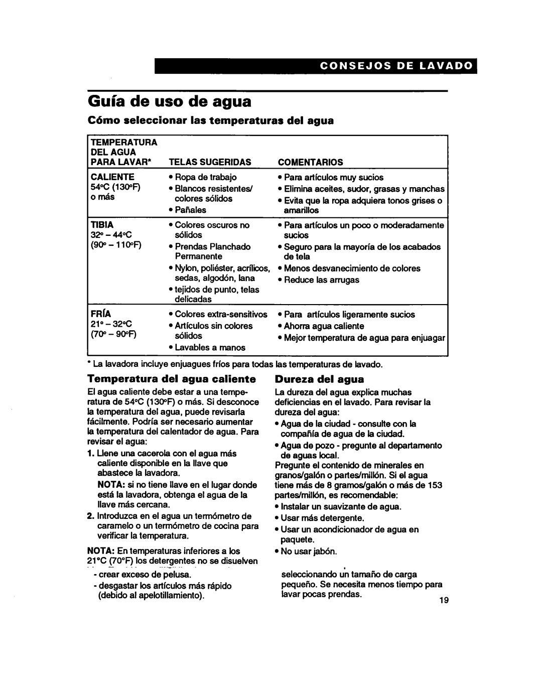 Whirlpool 3366860 warranty Guia de uso de agua, Cdmo seleccionar las temperaturas del agua, Temperatura del agua caliente 