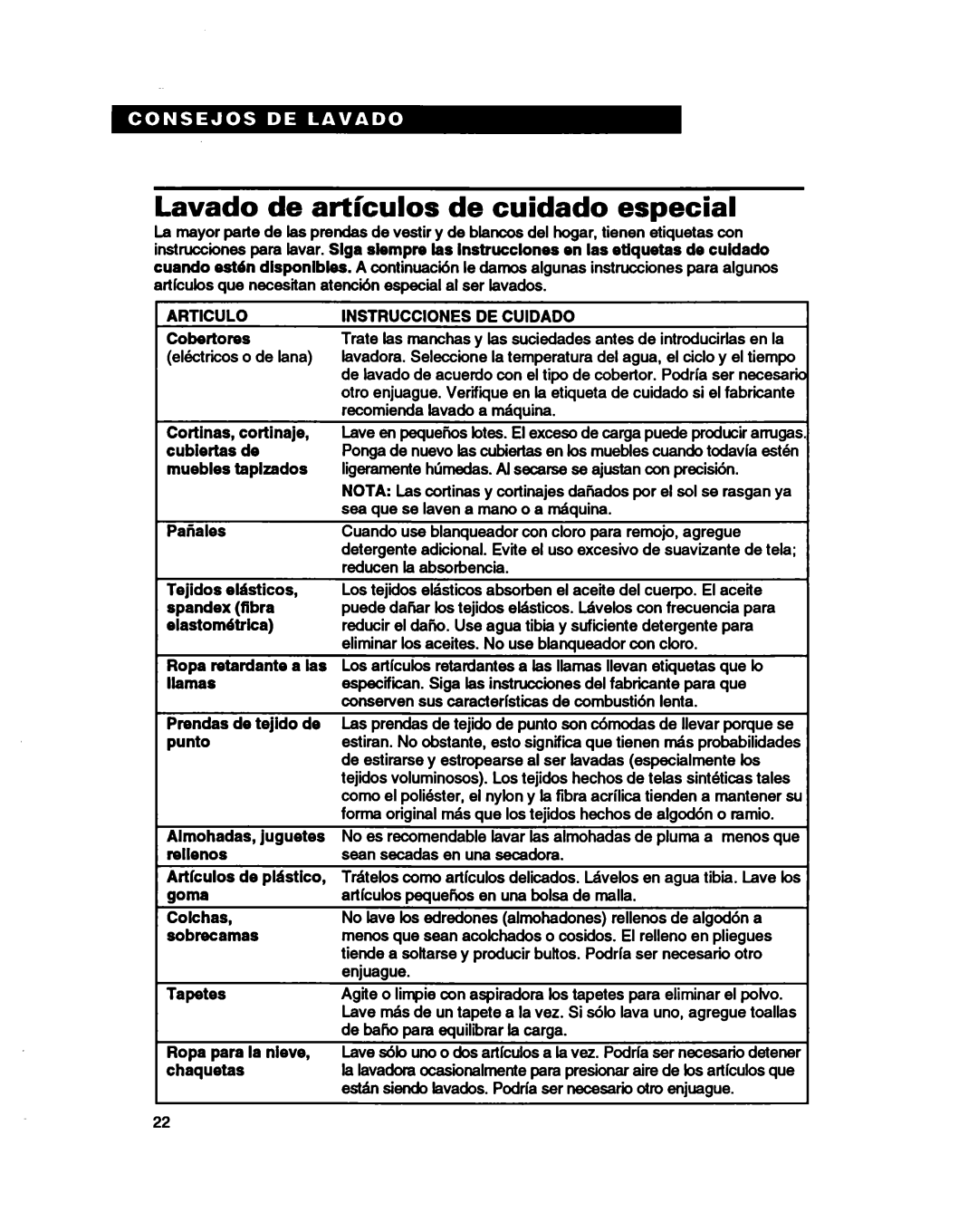 Whirlpool 3366860 warranty Lavado de artkulos de cuidado especial, Articulo Instrucciones DE Cuidado, Cobertores 