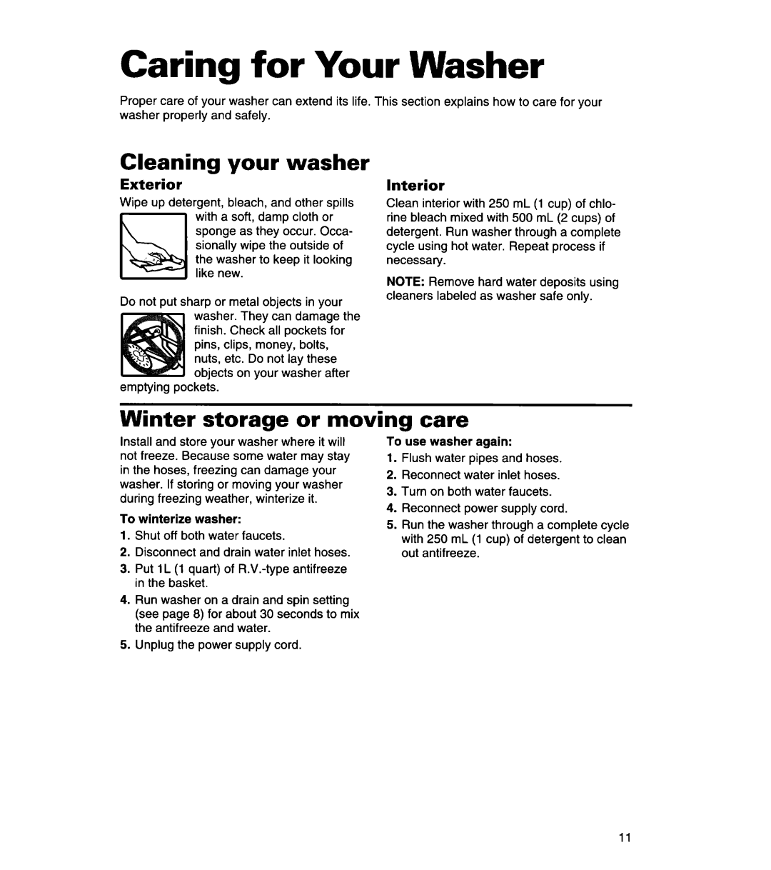 Whirlpool 3366869 warranty Cleaning your washer, Winter storage or moving care, Exterior, Interior 