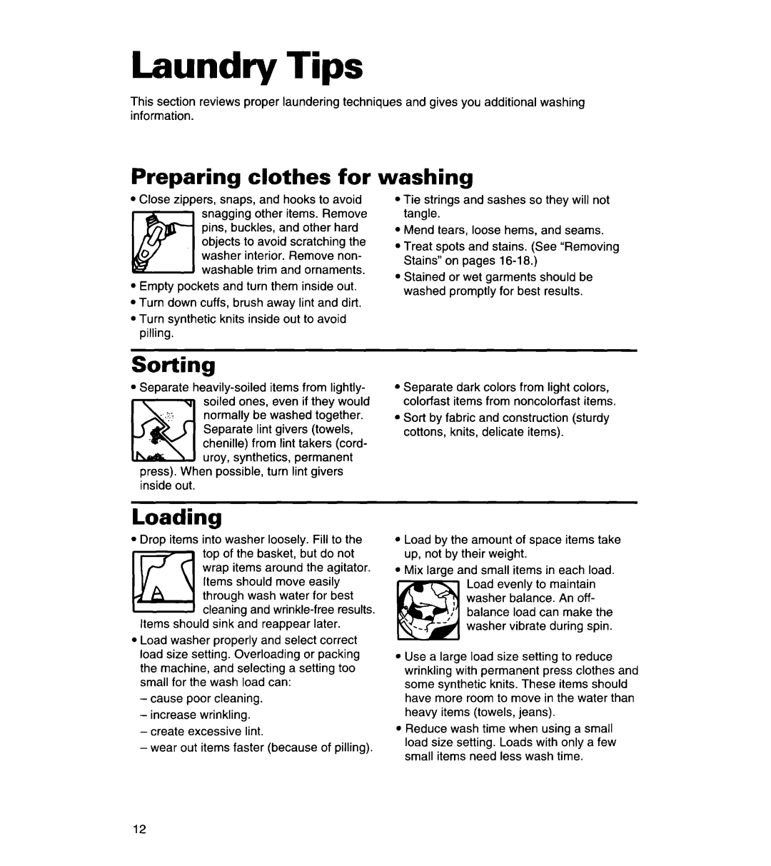 Whirlpool 3366869 warranty Laundry Tips, Preparing clothes for, Washing, Sorting, Loading 