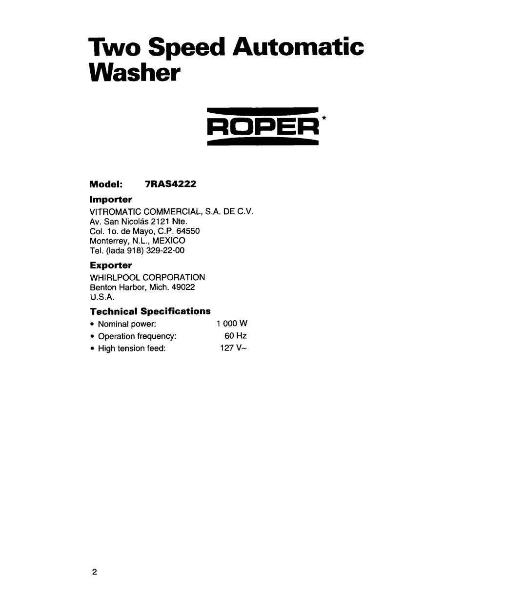 Whirlpool 3366869 warranty Two Speed Automatic Washer, Vitromatic COMMERCIAL, S.A. DE C.V, Whirlpool Corporation 