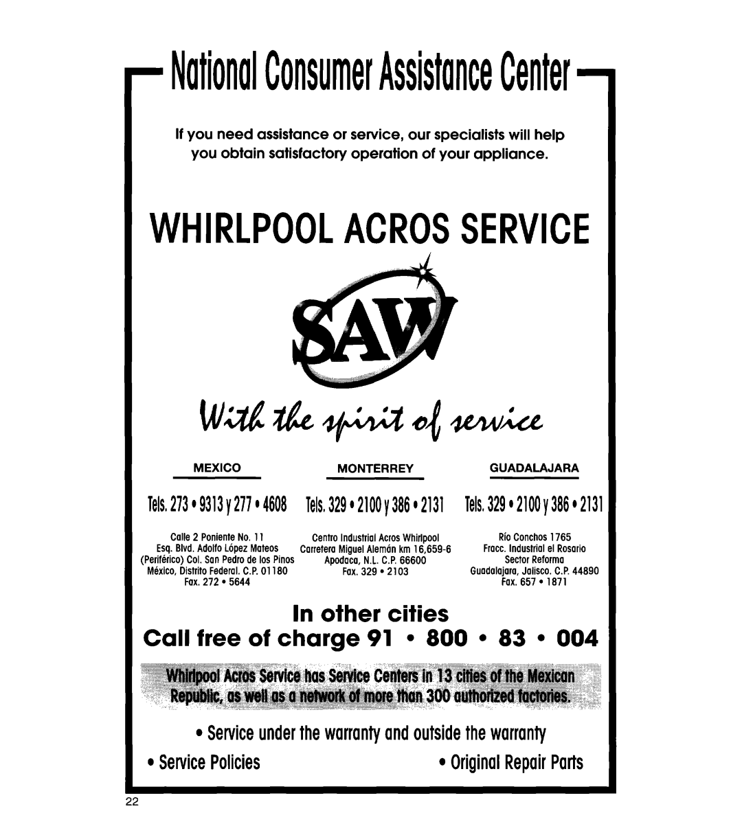 Whirlpool 3366869 warranty Whirlpoolacrosserwc, NationalConsumerAssistanceCenter 