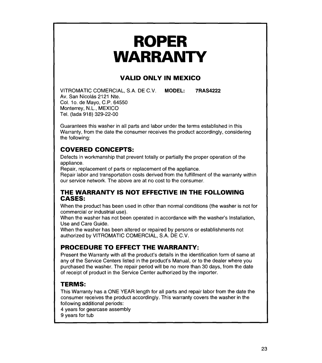 Whirlpool 3366869 warranty Roper Warranty, Vitromatic COMERCIAL, S.A. DE C.V. Model 7RAS4222 