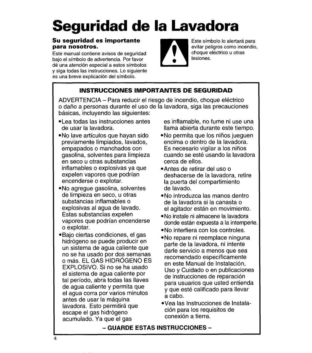 Whirlpool 3366869 warranty Seauridad- -de, La Lavadora, ~-~-~ Su seguridad es importante para nosotros 