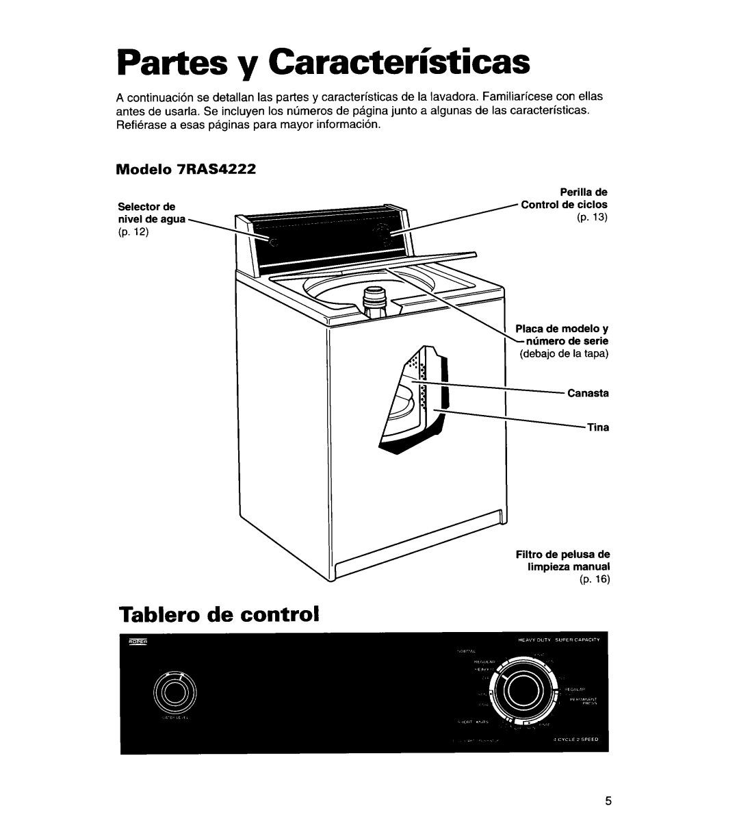 Whirlpool 3366869 warranty Partes y Caracteristicas, Tablero de control, Modelo 