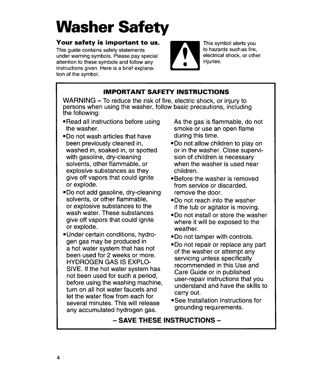 Whirlpool 3366869 warranty Washer Safety, Safety To us, @Read all instructions before using the washer 