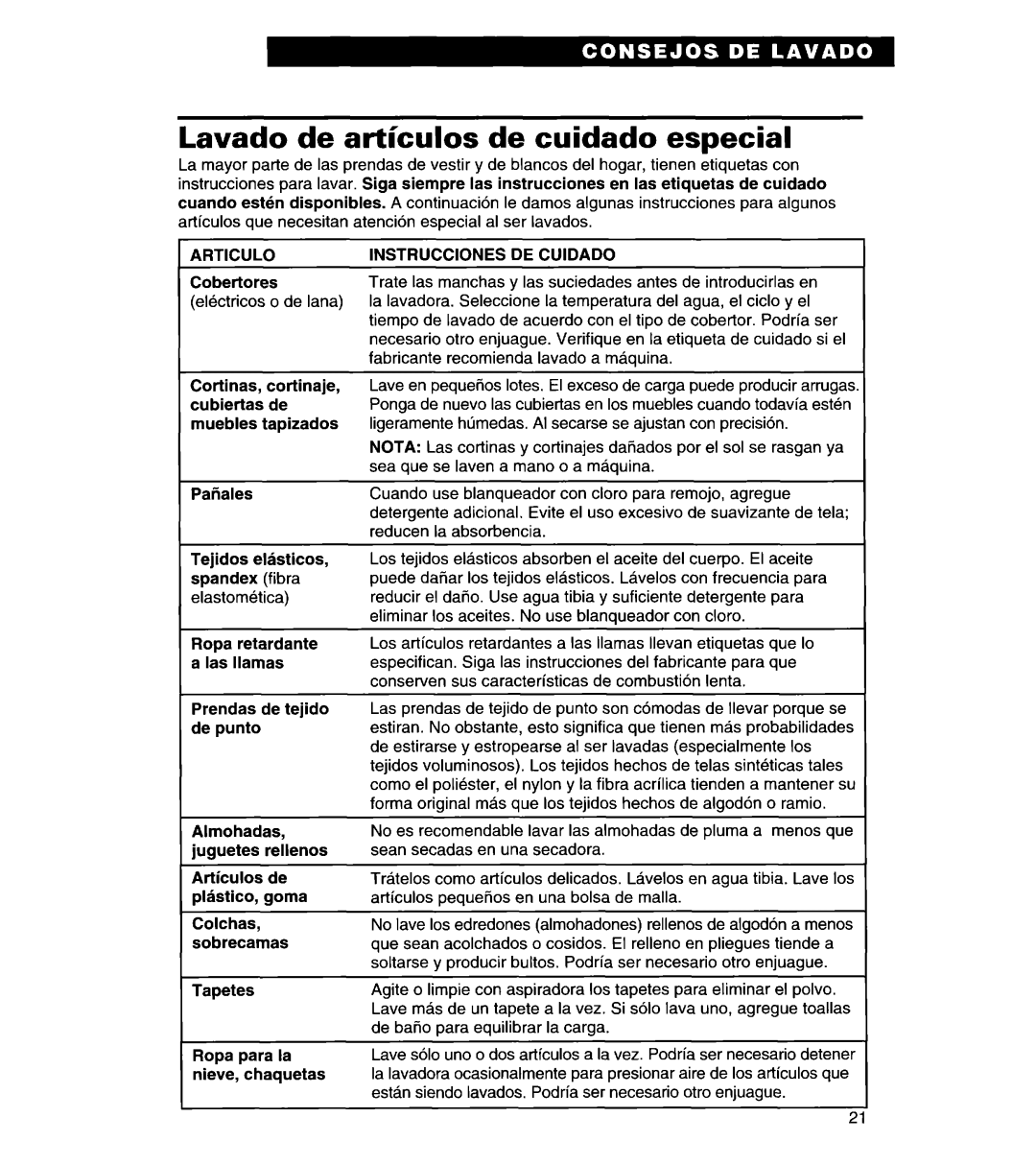 Whirlpool 3366869 warranty Lavado de artkulos de cuidado especial, Articulo, Instrucciones DE Cuidado 