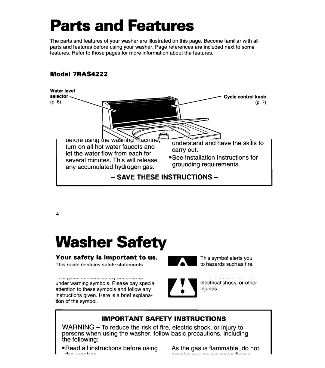 Whirlpool 3366869 warranty Parts and Features, Control Panel, Model 7RAS4222 