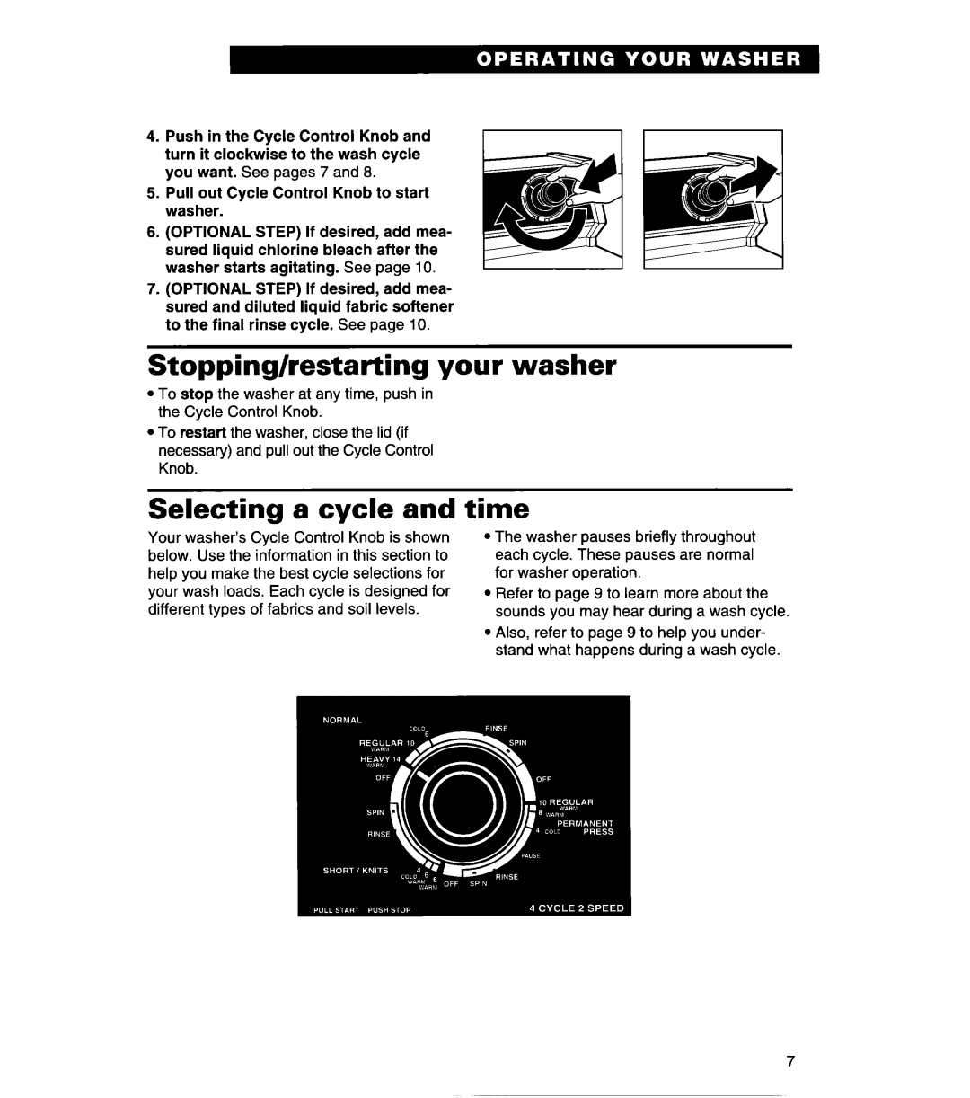 Whirlpool 3366869 warranty Stopping/restarting your washer, Selecting a cycle, Time 