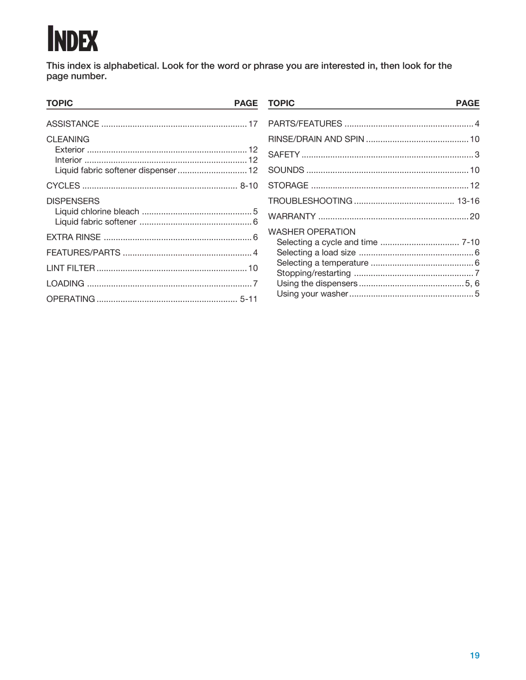 Whirlpool 3366875 warranty Index, Topic 