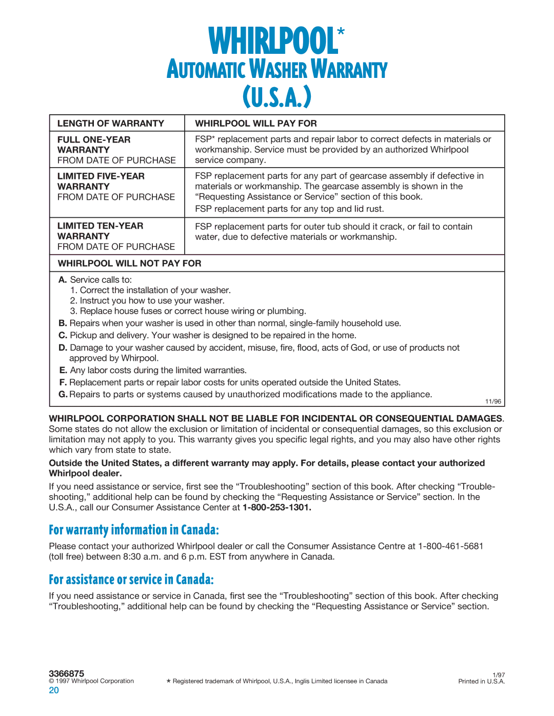 Whirlpool 3366875 For warranty information in Canada, For assistance or service in Canada 