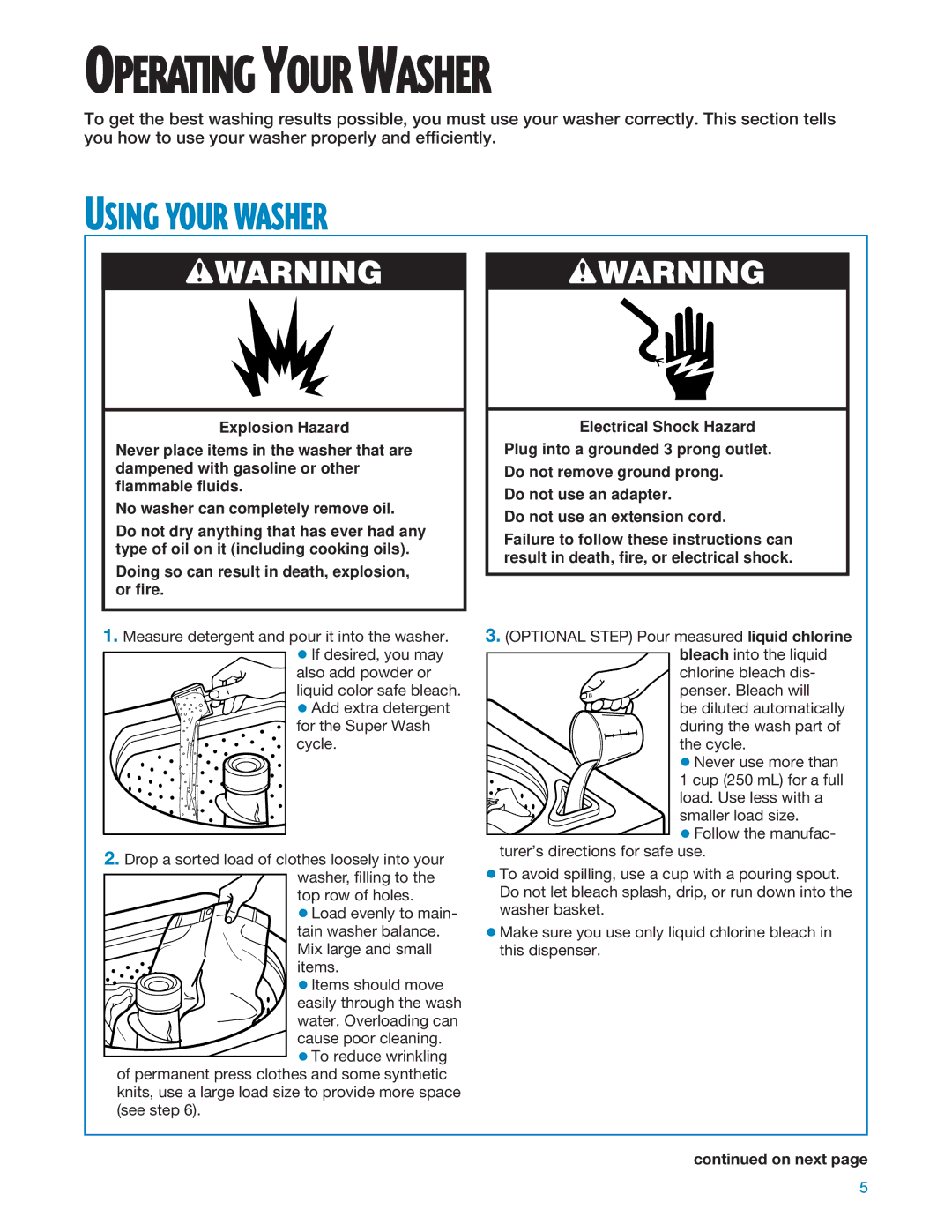 Whirlpool 3366875 warranty Using Your Washer, On next 