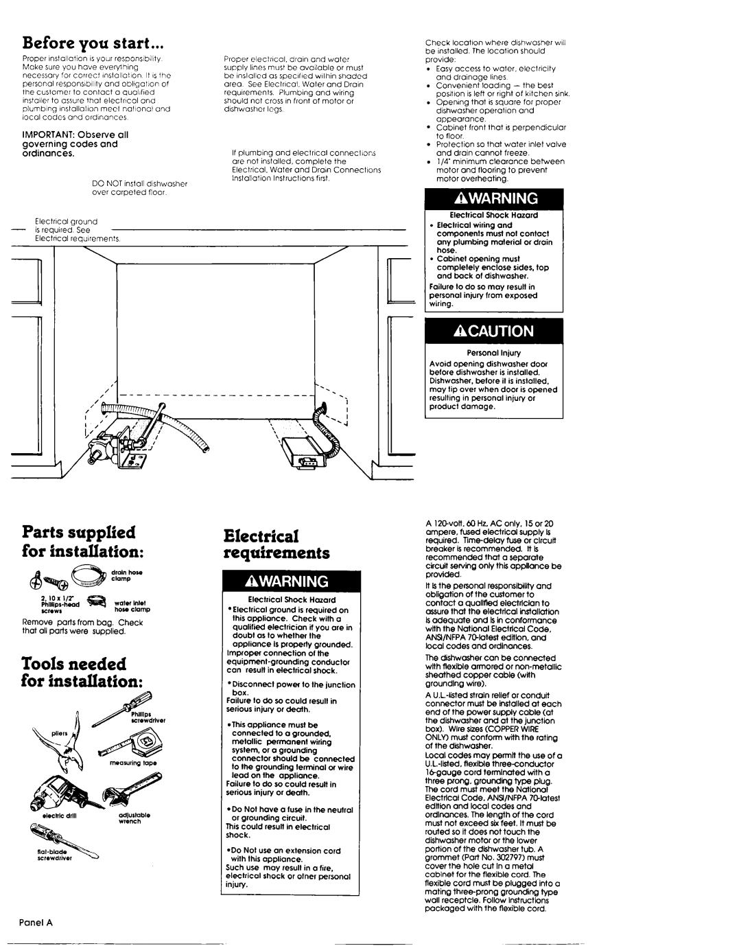 Whirlpool 3369088 Before you start, Parts supplied for installation, Tools needed for fnstallation, Panel a 