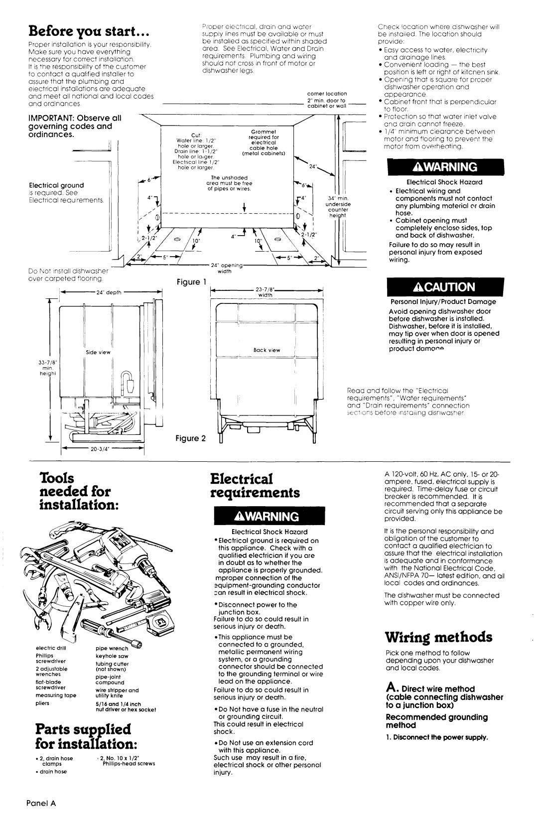 Whirlpool 3369089 Before you start, Wiring methods, Tools needed for installation, Parts sup lied for instal Pation 