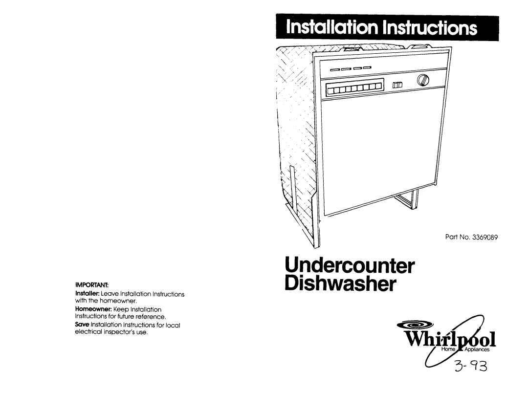 Whirlpool 3369089 installation instructions Undercounter Dishwasher 