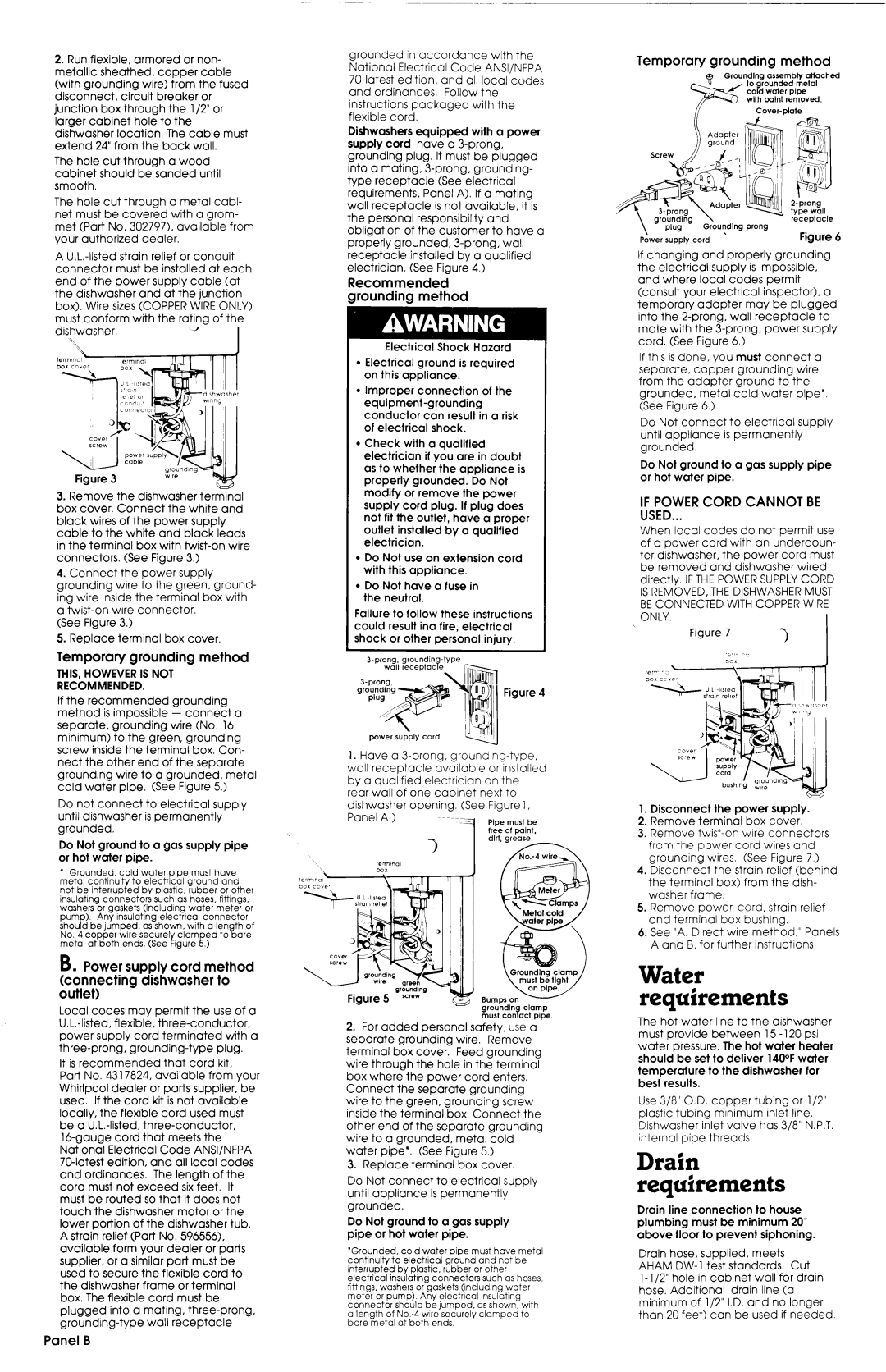 Whirlpool 3369089 Water requirements, Drain requirements, Temporary grounding method, Recommended Irounding method 