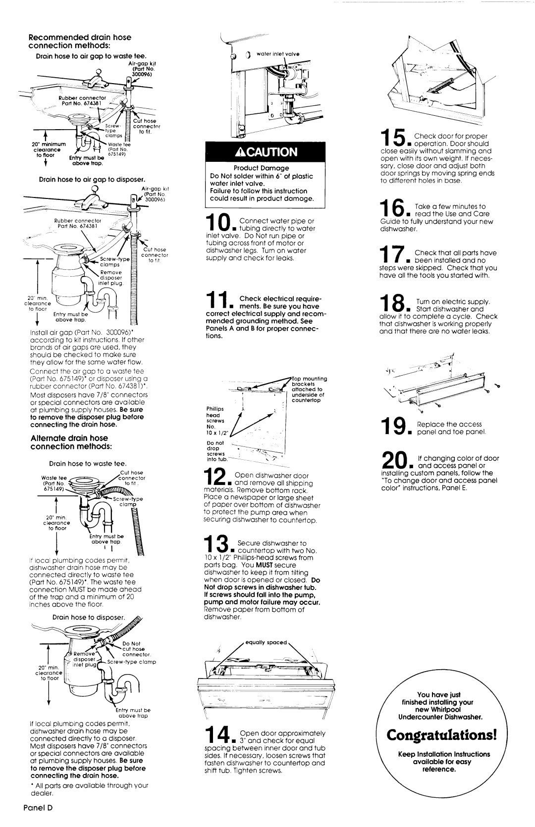 Whirlpool 3369089 Recommended drain hose connection methods, Alternate drain hose connection methods, Panel D 
