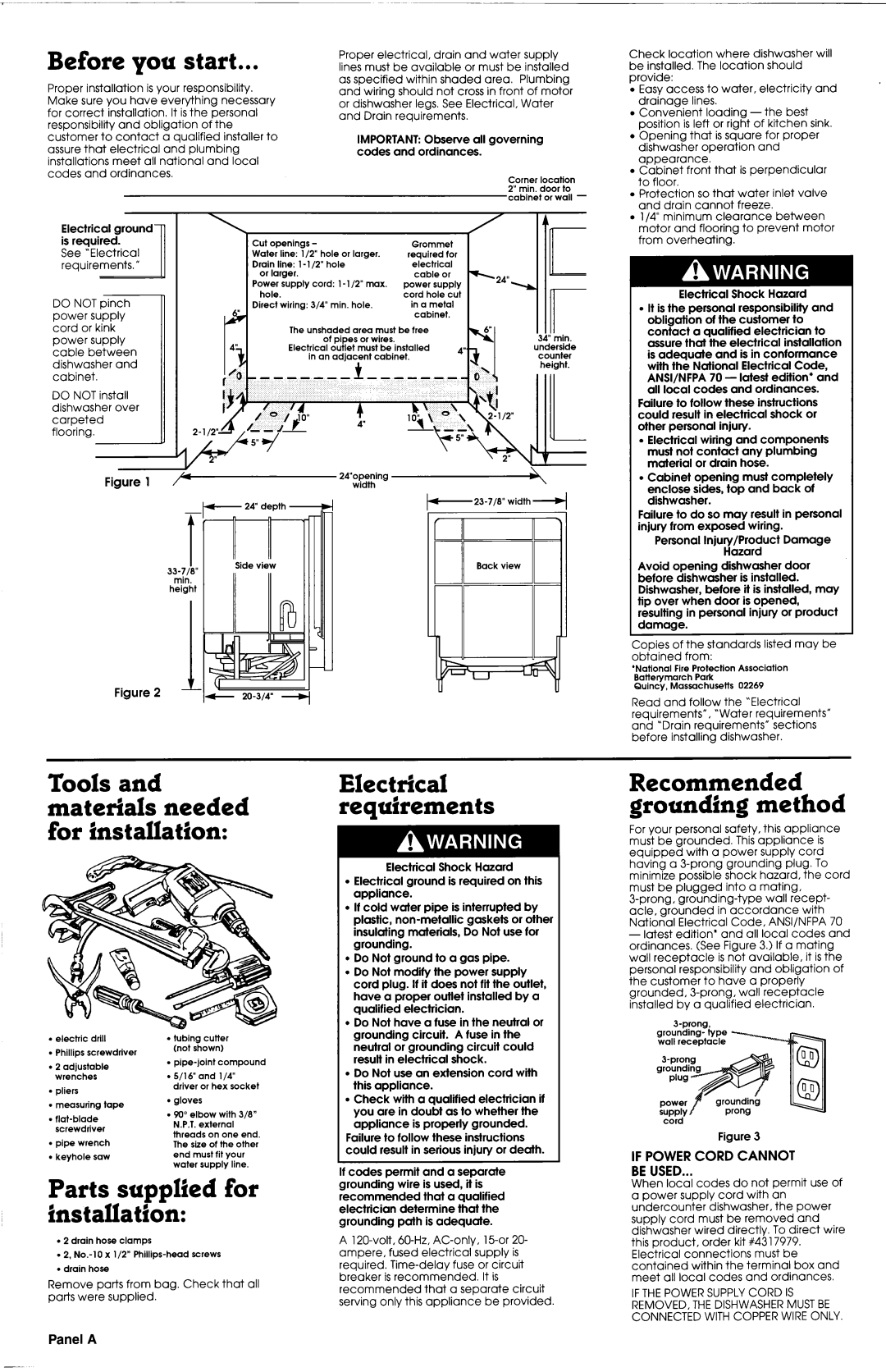 Whirlpool 3369092 REV. A installation instructions Before, start, If Powercord Cannot Be Used, Panel A, I24” 
