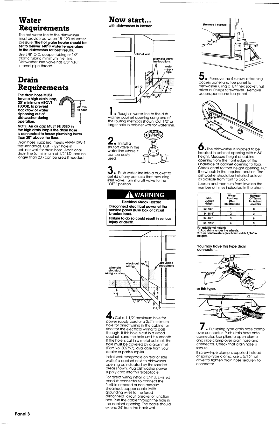 Whirlpool 3369092 REV. A installation instructions Water Requirements, Drain Requfrements, Now start, Panel B, I-----r 