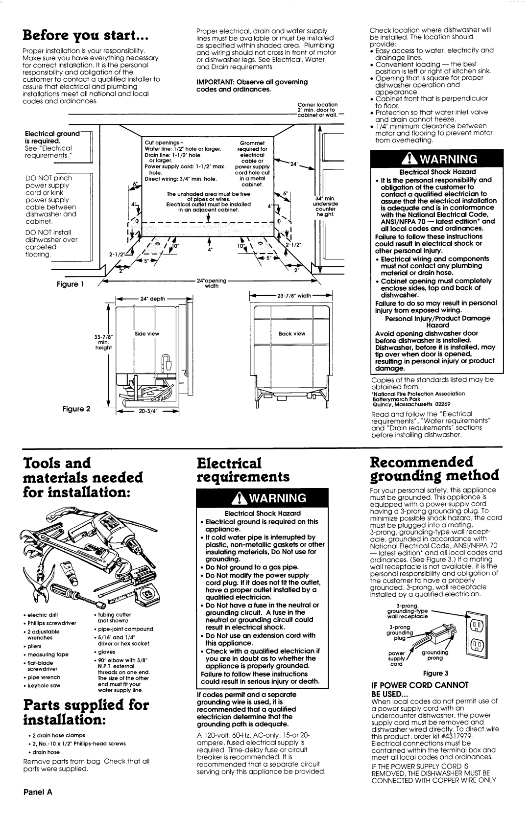 Whirlpool 3374369 Before you start, Parts supplied for installation, Electrical requirements, Panel a 