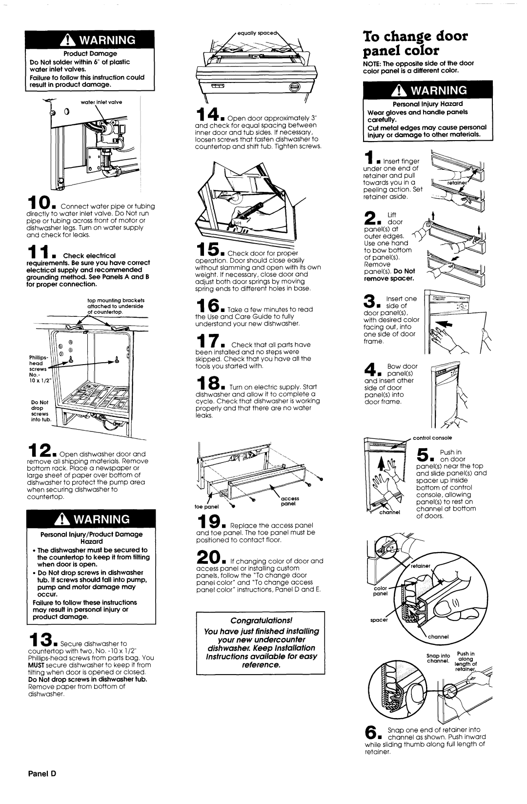 Whirlpool 3374369 To change door panel color, Panel D, Do Not drop screws in dishwasher tub, Remove Spacer 