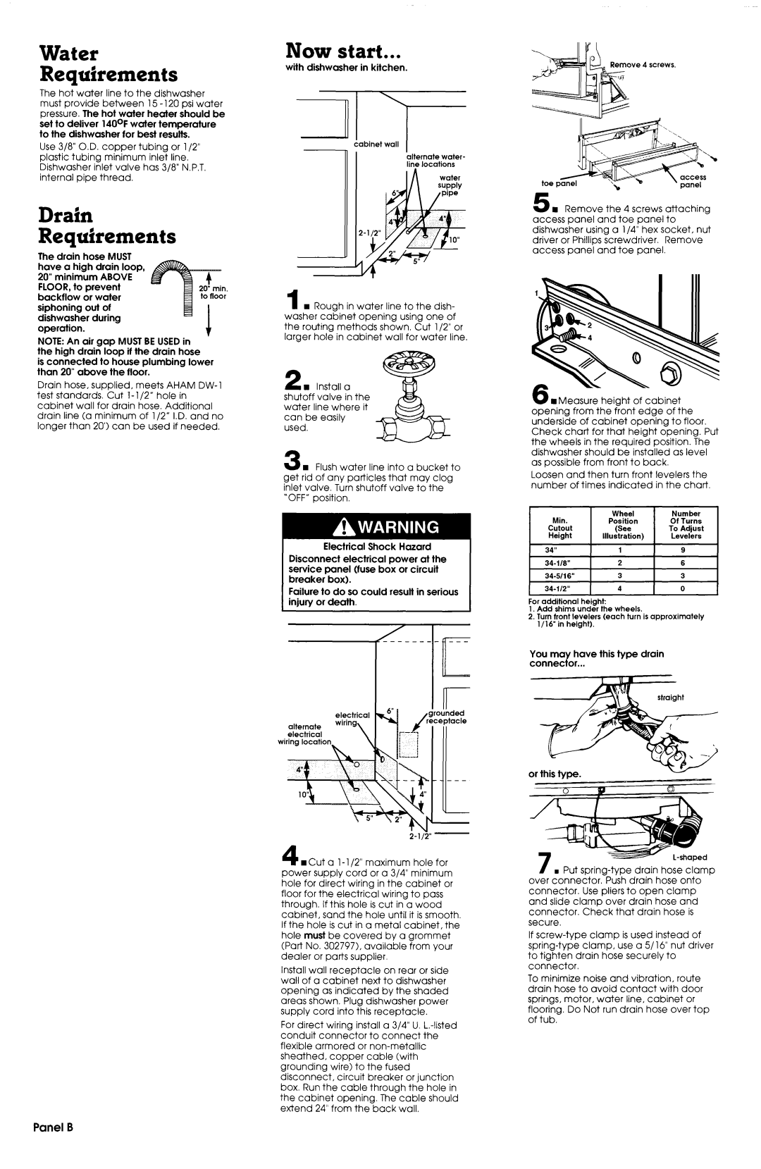 Whirlpool 3374369 installation instructions Water Requirements, Drain Requirements, Now start, Panel B 