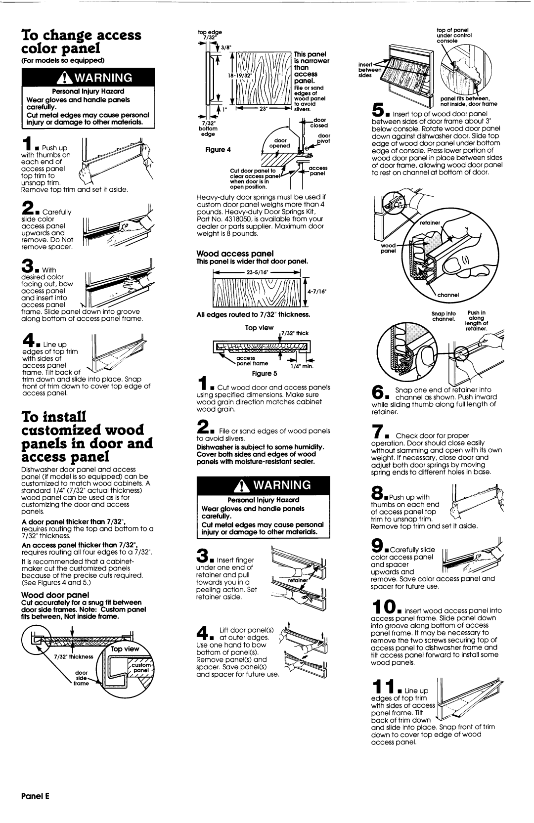 Whirlpool 3374369 installation instructions To change access color panel, Wood door panel, Wood access panel, Panel E 