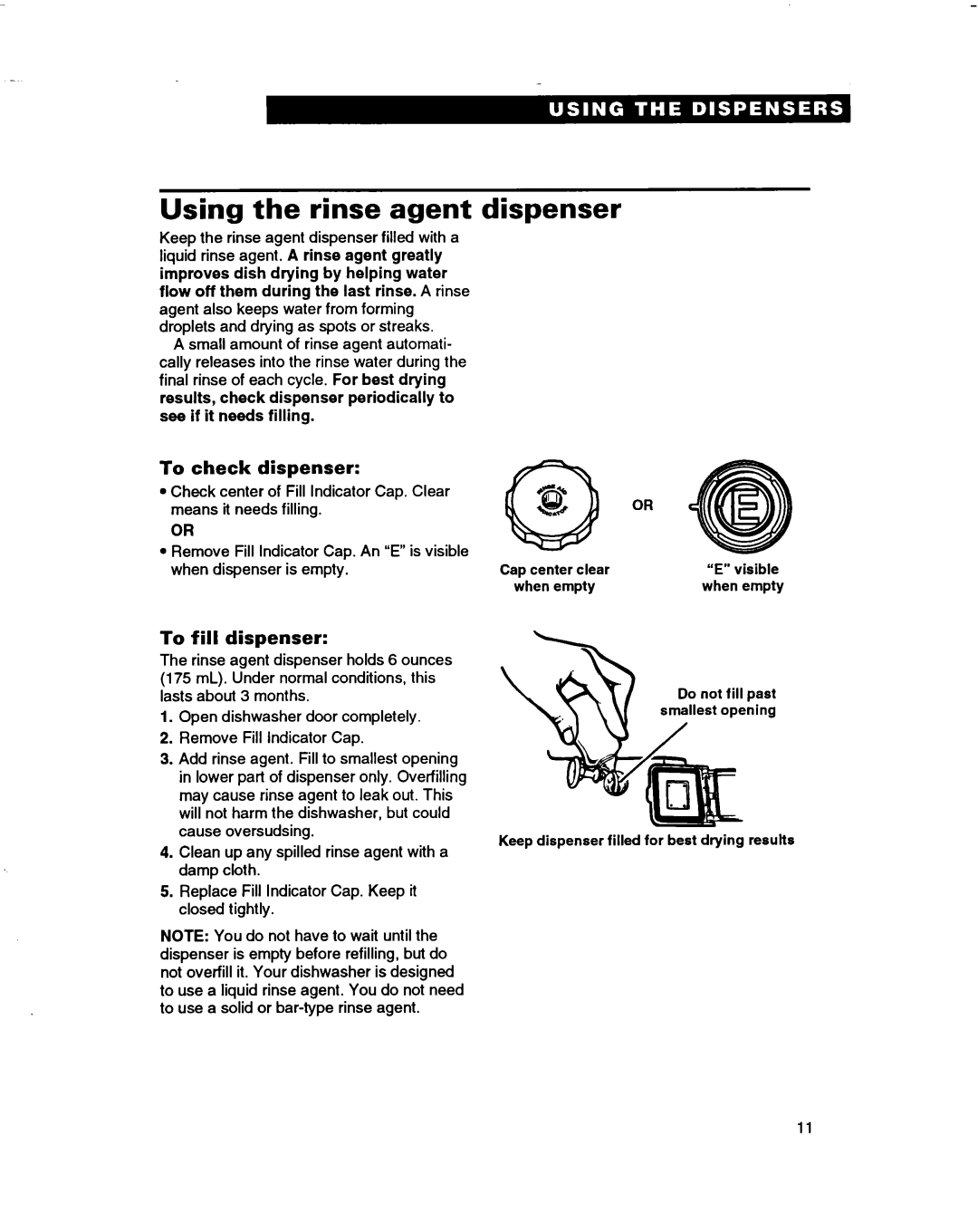 Whirlpool 3376809 warranty Using the rinse agent dispenser, To check dispenser, Fill Dispenser 