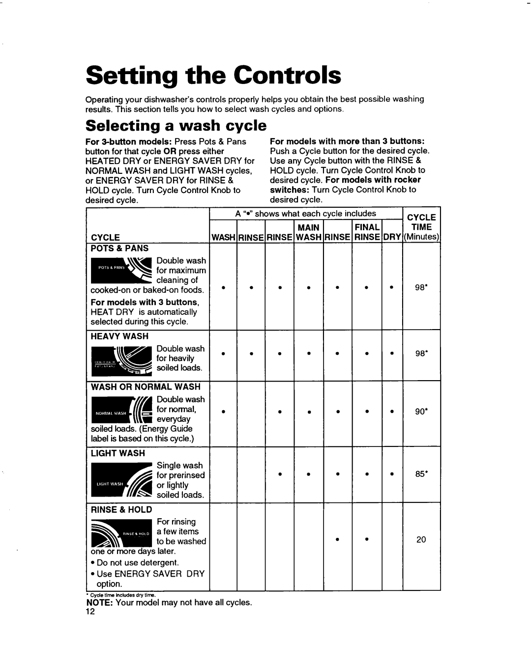 Whirlpool 3376809 warranty Setting the Controls, Selecting a wash cycle 