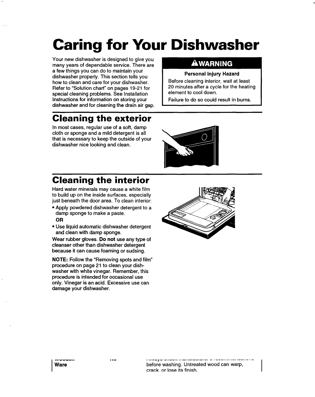 Whirlpool 3376809 warranty Caring for Your, Dishwasher, Cleaning the exterior, Cleaning the interior 