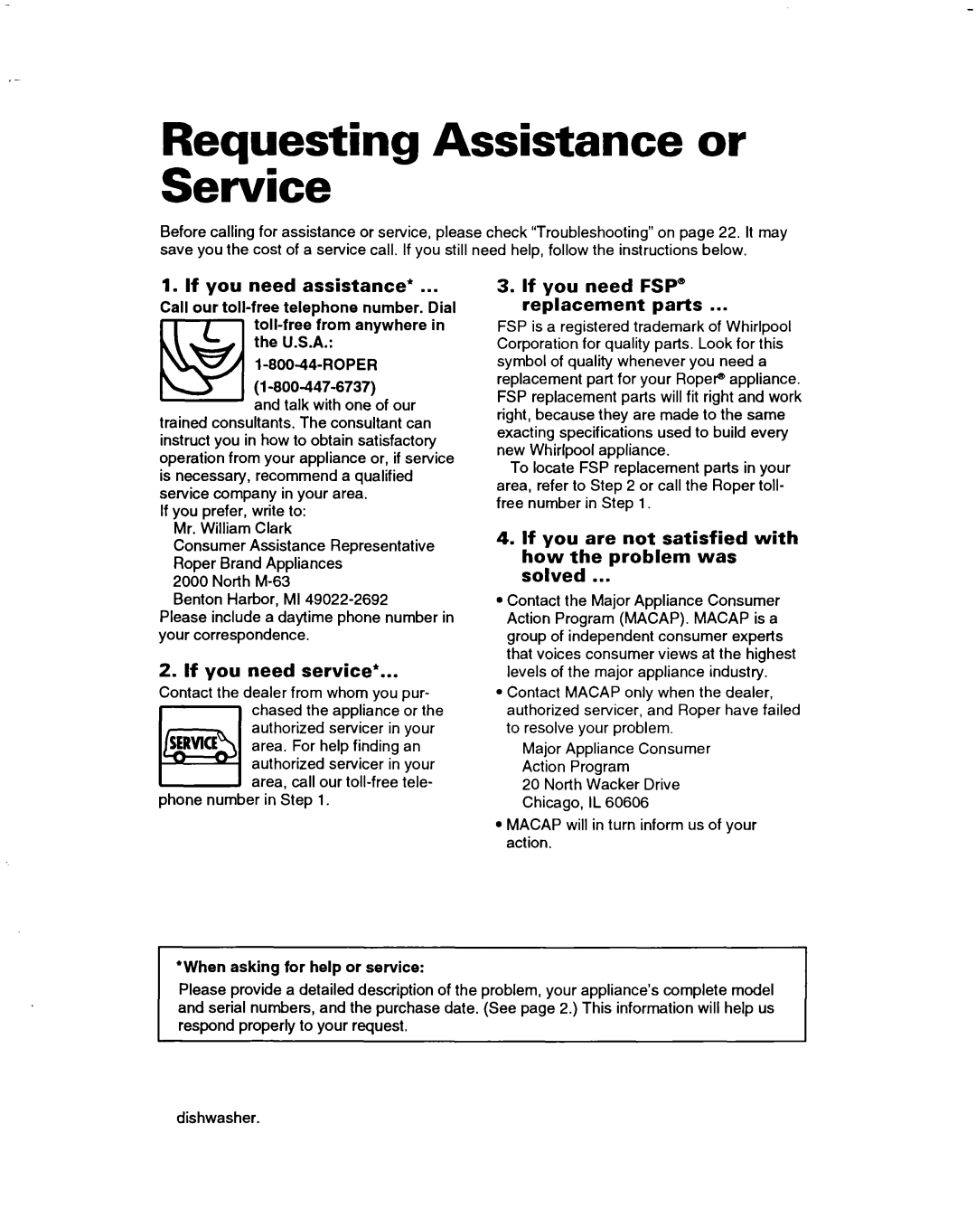 Whirlpool 3376809 warranty Requesting Assistance or Service, If you need assistance, If you need FSP Replacement parts 