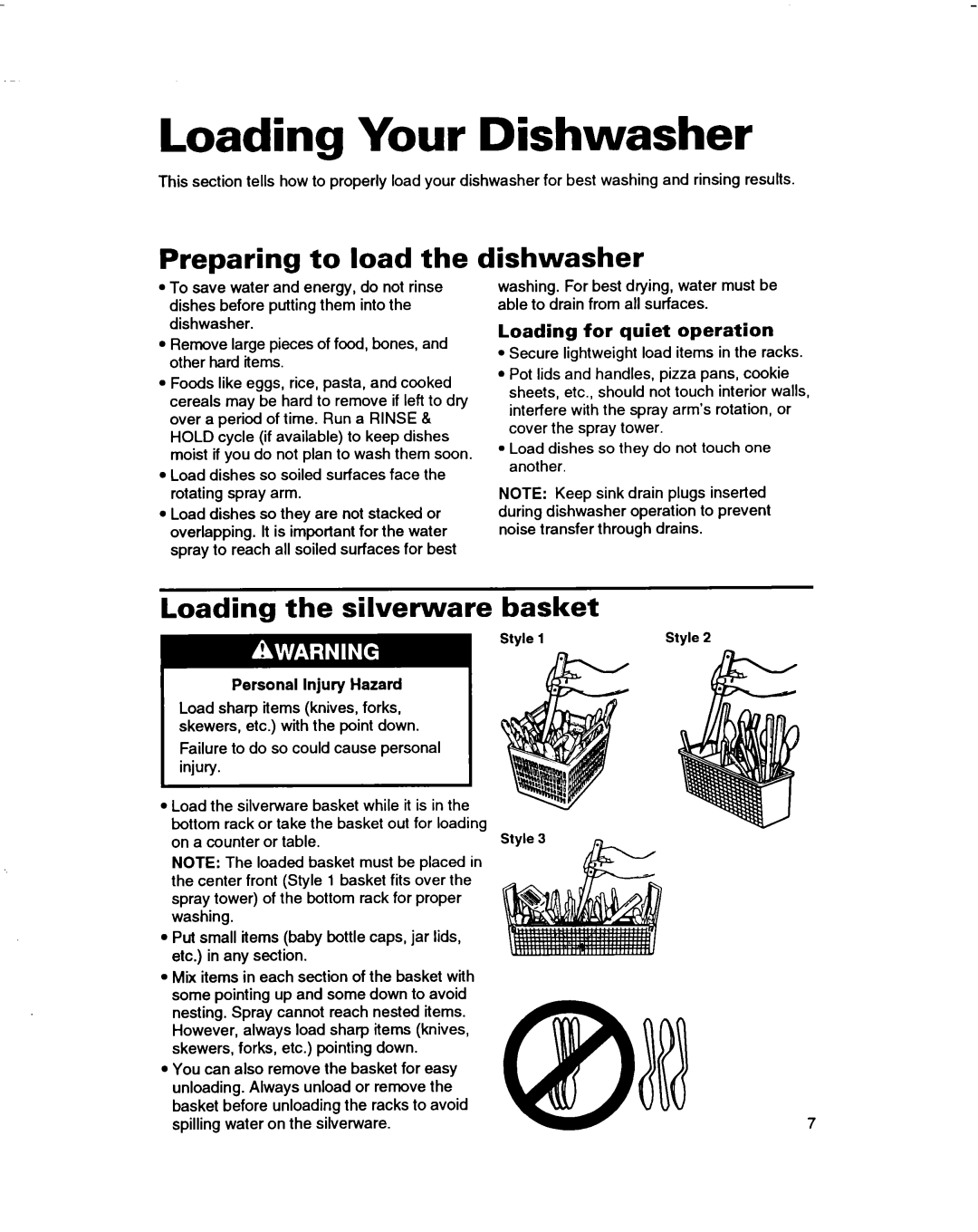 Whirlpool 3376809 warranty Loading Your Dishwasher, Preparing to load the dishwasher, Loading the silverware basket 