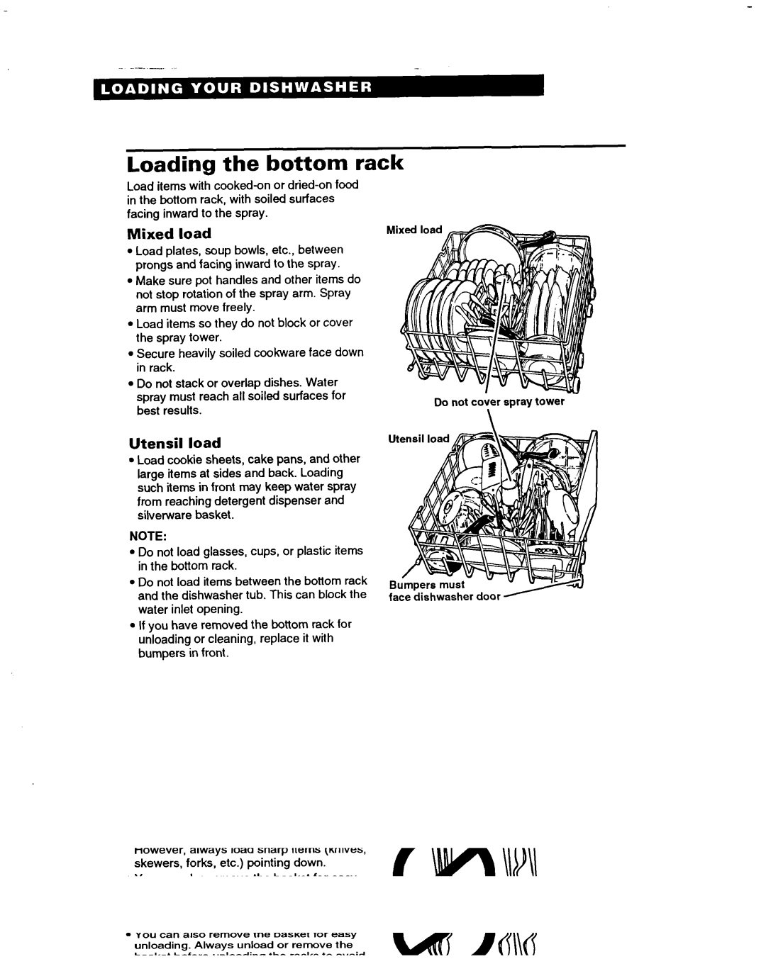 Whirlpool 3376809 warranty Loading the bottom rack, Mixed load, Utensil load 