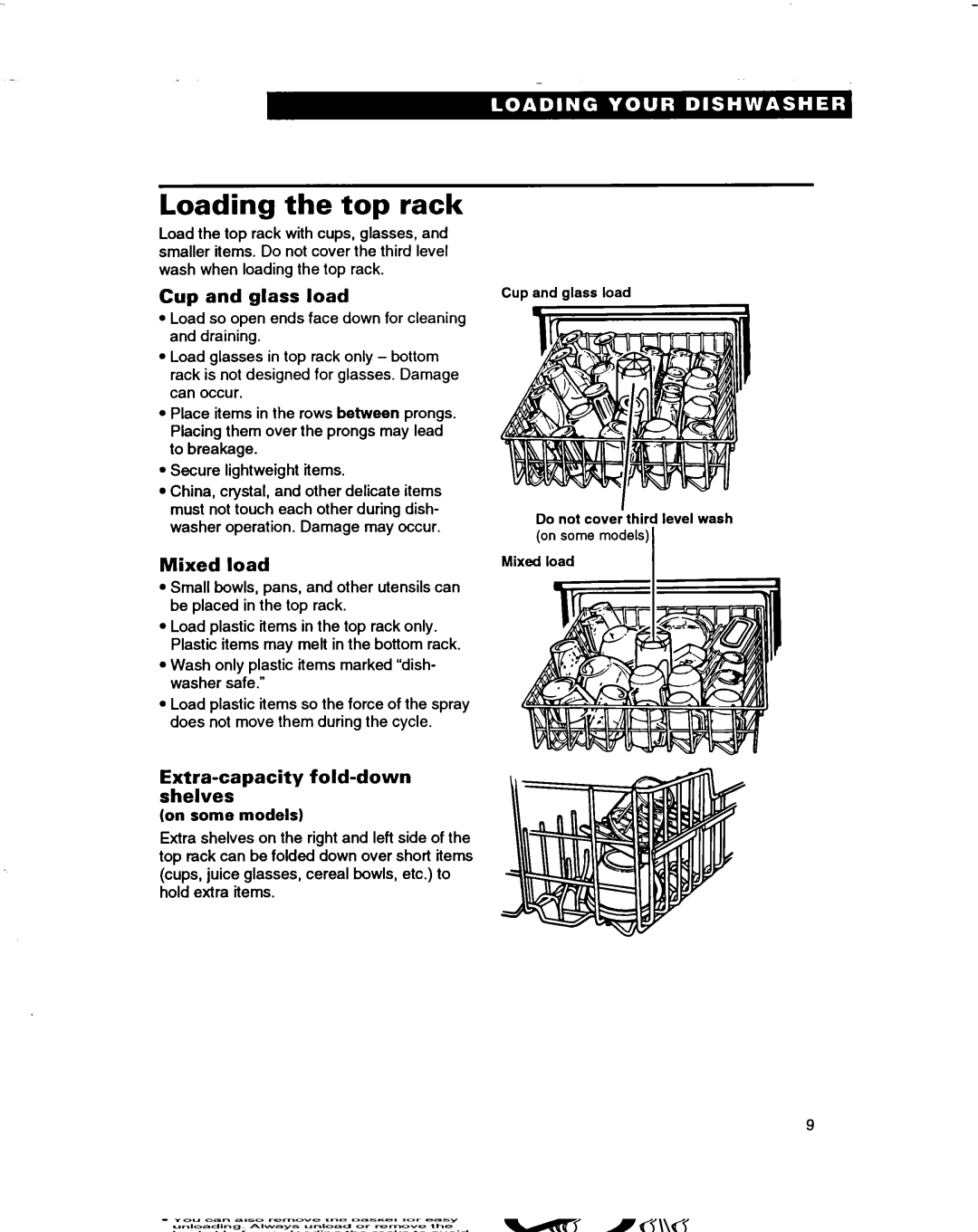 Whirlpool 3376809 warranty Loading the top rack, Cup and glass load, Extra-capacity fold-down shelves 