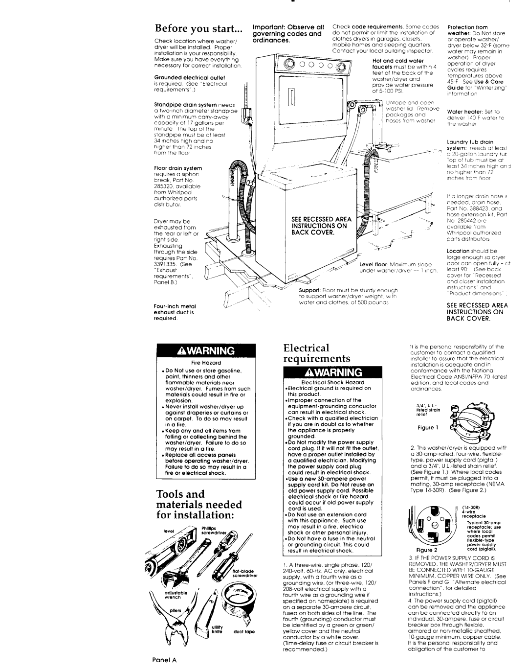 Whirlpool 3389589 Before you start, Bgi Ztg’n~l, Tools and materials needed for installation, Electrical requirements 