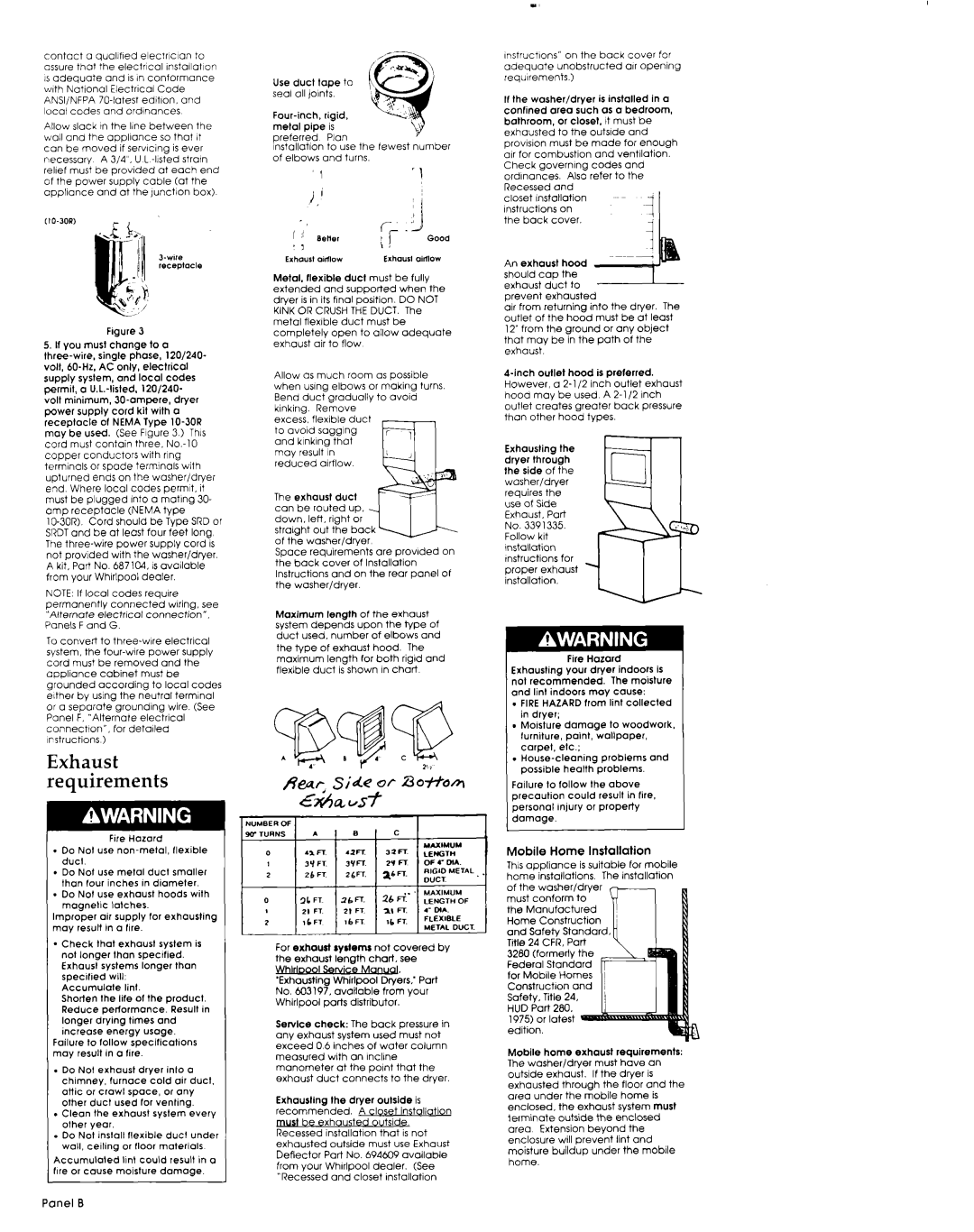 Whirlpool 3389589 installation instructions Exhaust requirements, Lnstollat~on, Mobile Home Installation, Fire Hazard 