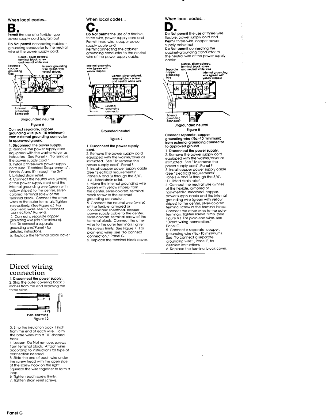 Whirlpool 3389589 installation instructions Wiring Connection, Direct, When local codes, Panel G 