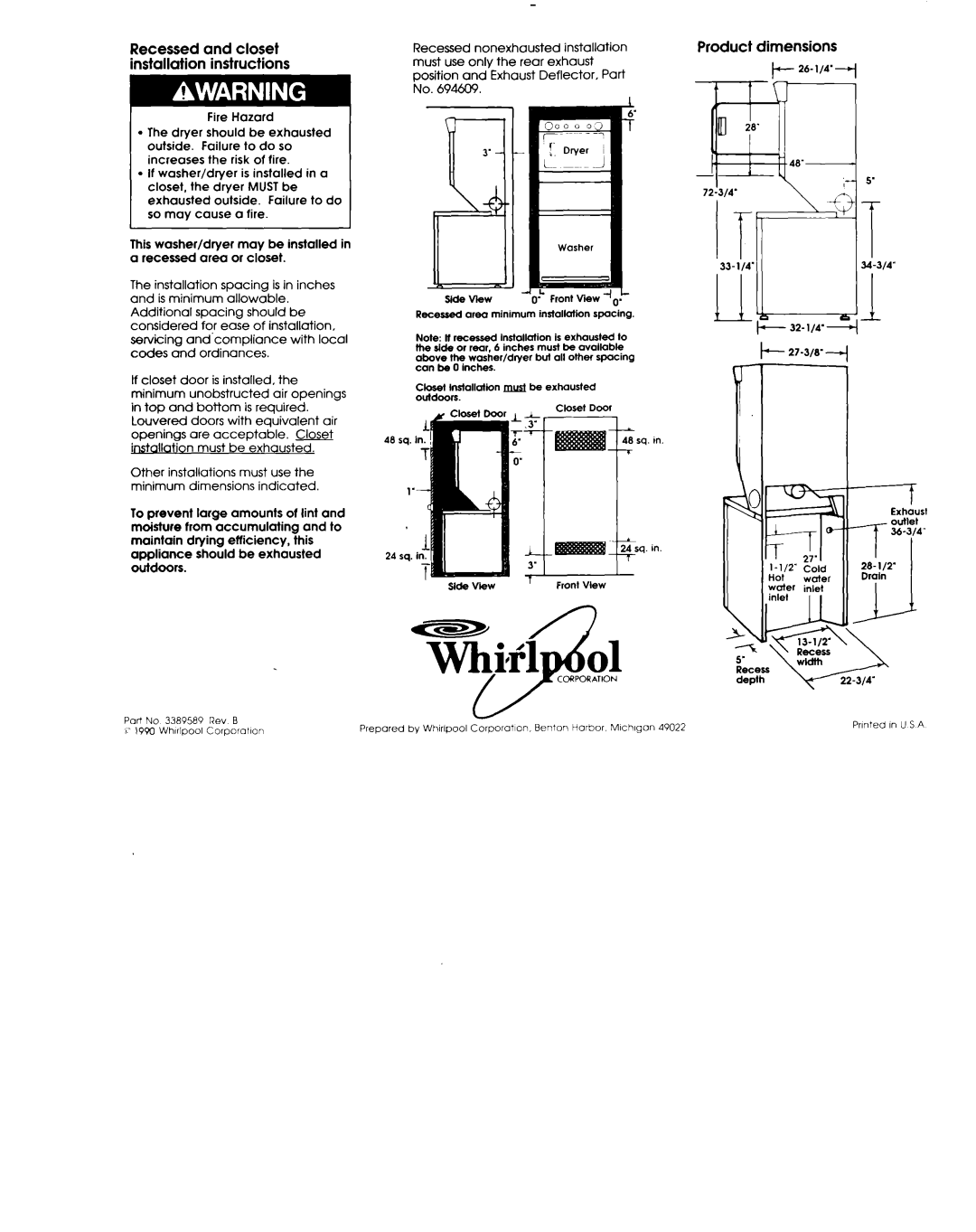 Whirlpool 3389589 Recessed and closet installation instructions, Corporation 