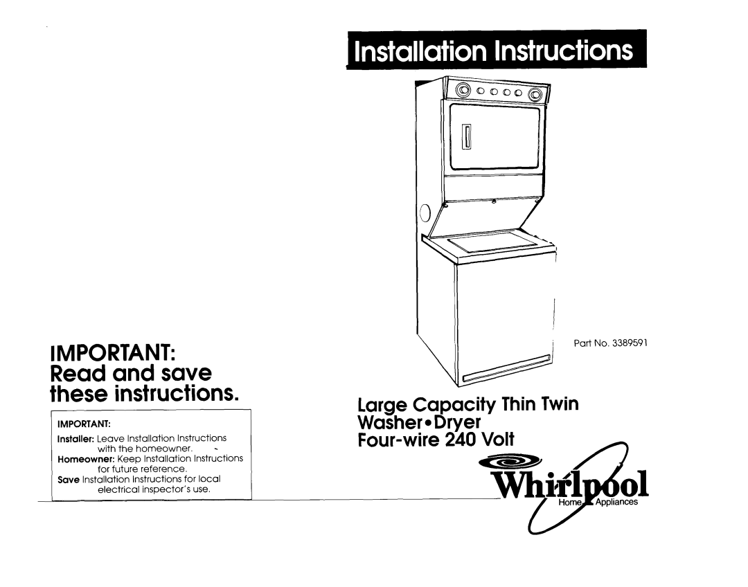 Whirlpool 3389591 installation instructions Important Read and save these instructions 