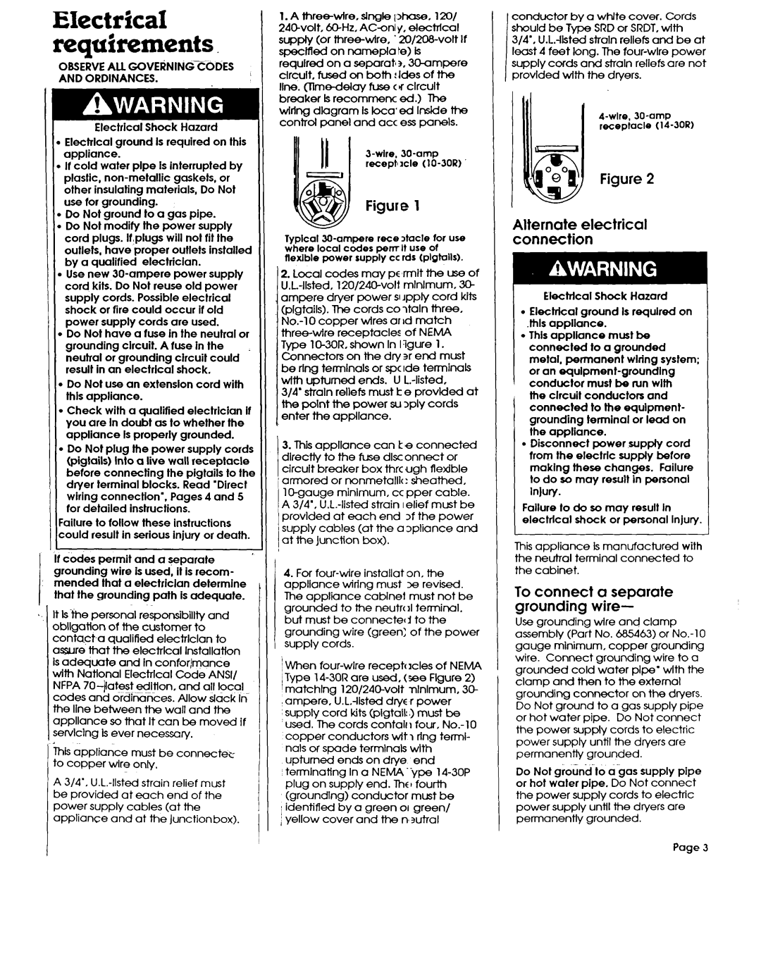 Whirlpool 3390148 installation instructions Electrical requirements, ‘0 connect a separate younding wire 