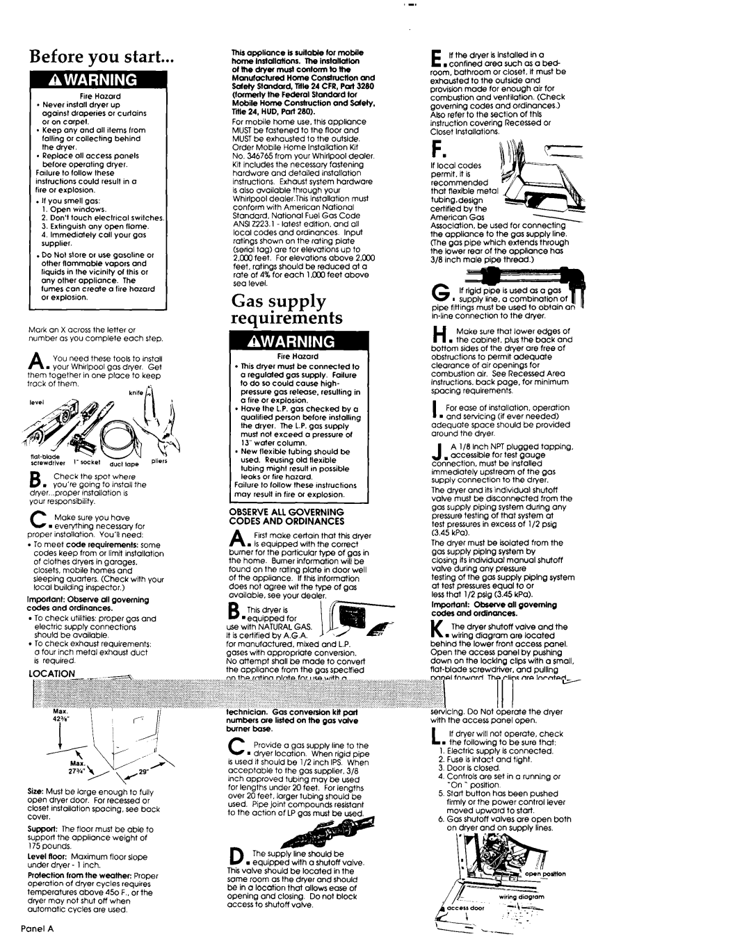 Whirlpool 3393 137 Before you start, Gas supply requirements, Observe ALL Governing Codes and Ordinances 