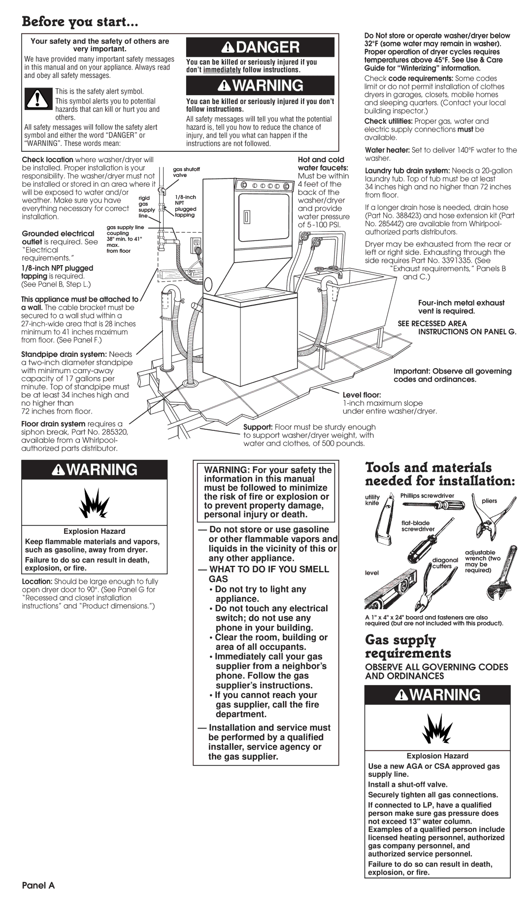 Whirlpool 3395326 Before you start, Tools and materials needed for installation, Gas supply requirements, Panel a 