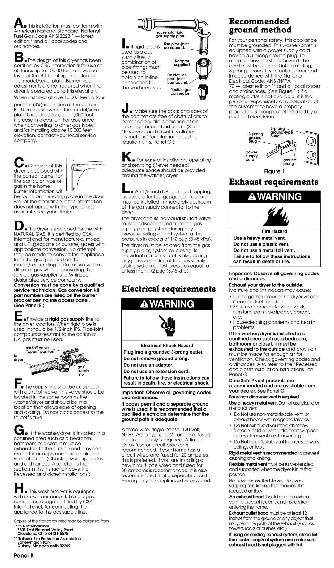 Whirlpool 3395326 Recommended ground method, Electrical requirements, Exhaust requirements, Panel B 