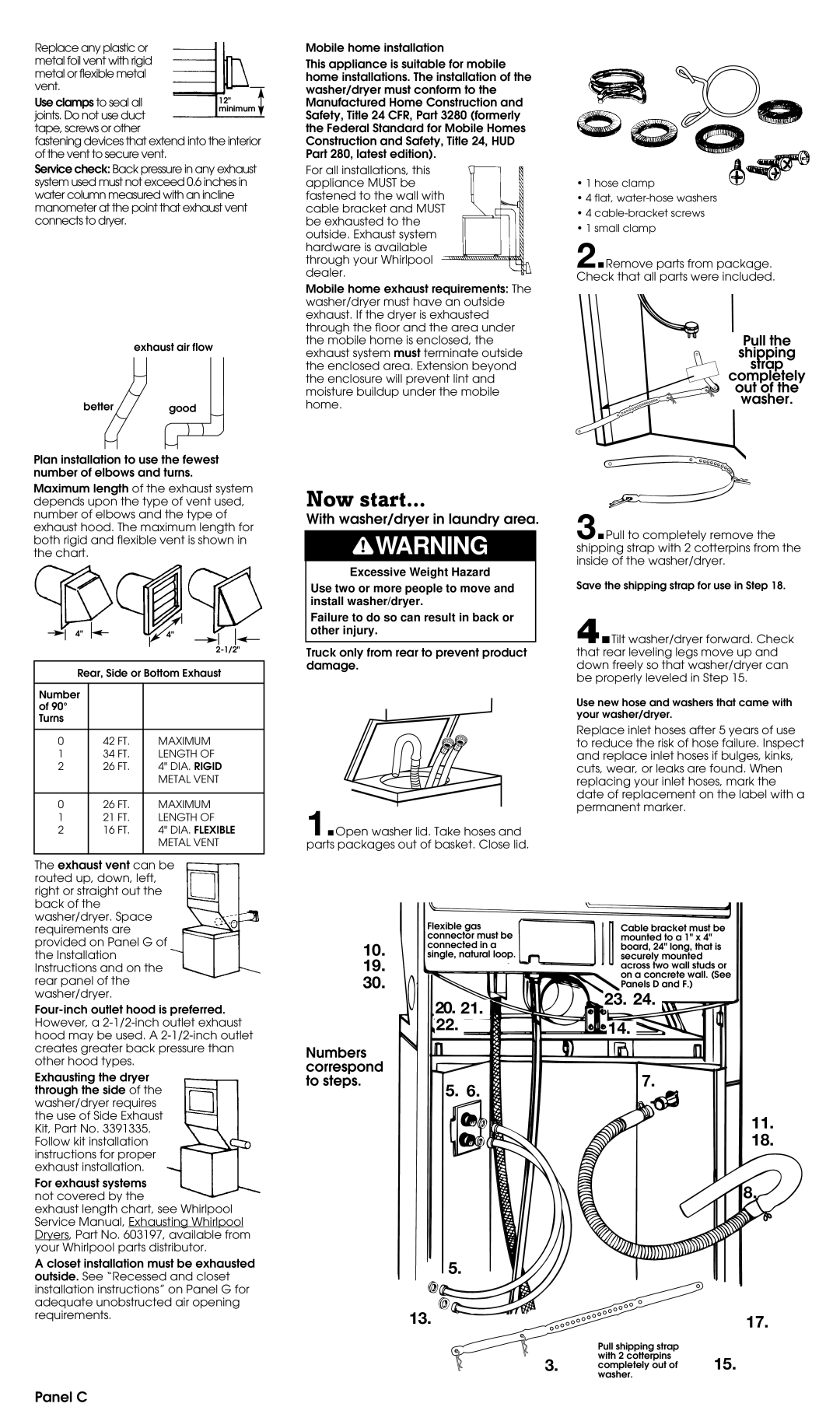 Whirlpool 3395326 Now start, With washer/dryer in laundry area, Pull the shipping Strap Completely out Washer, Panel C 