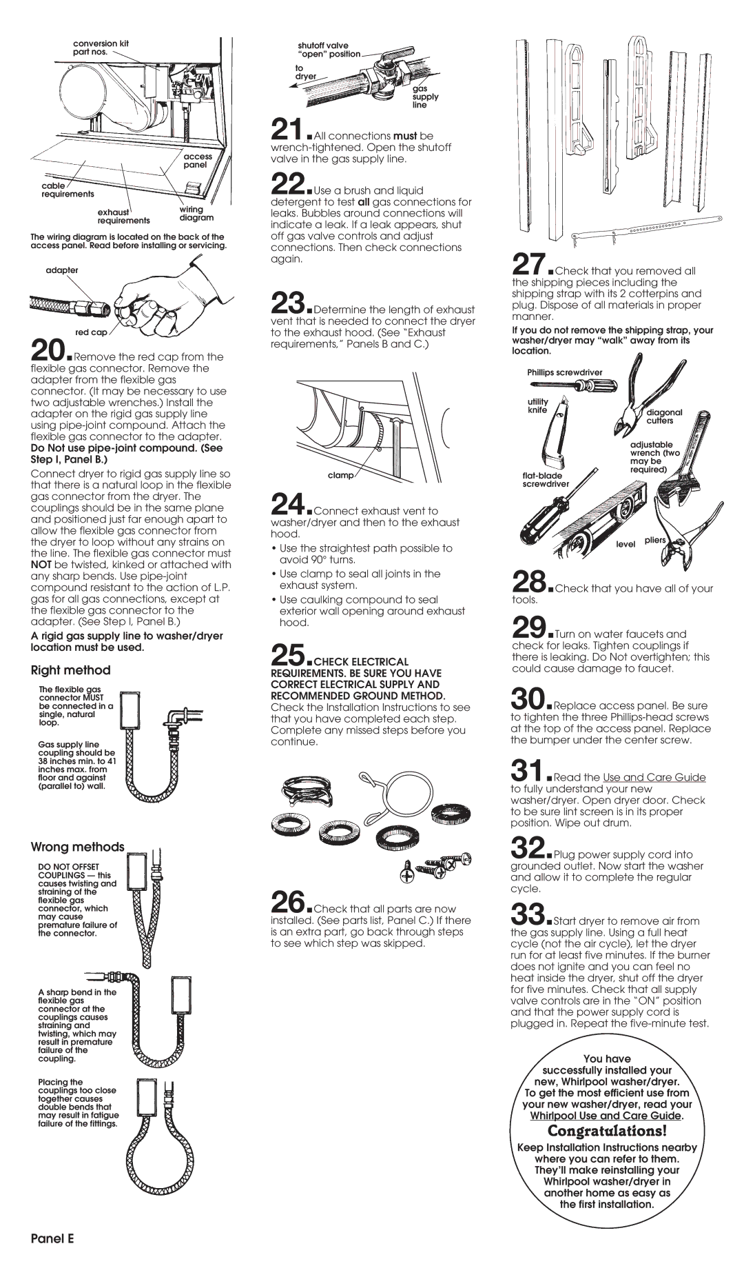 Whirlpool 3395326 installation instructions Right method, Wrong methods, Panel E 