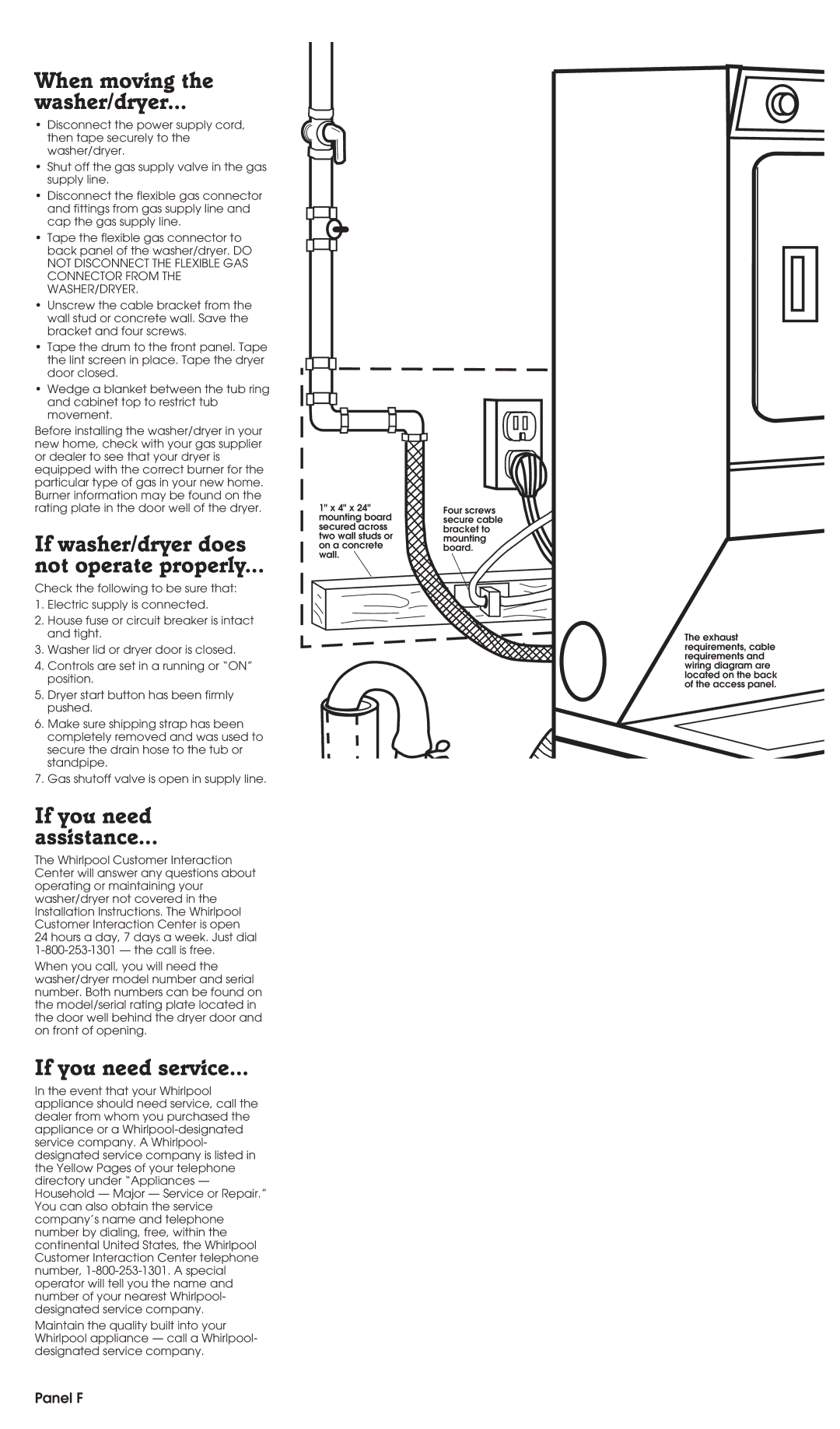 Whirlpool 3395326 When moving Washer/dryer, If washer/dryer does Not operate properly, If you need Assistance, Panel F 