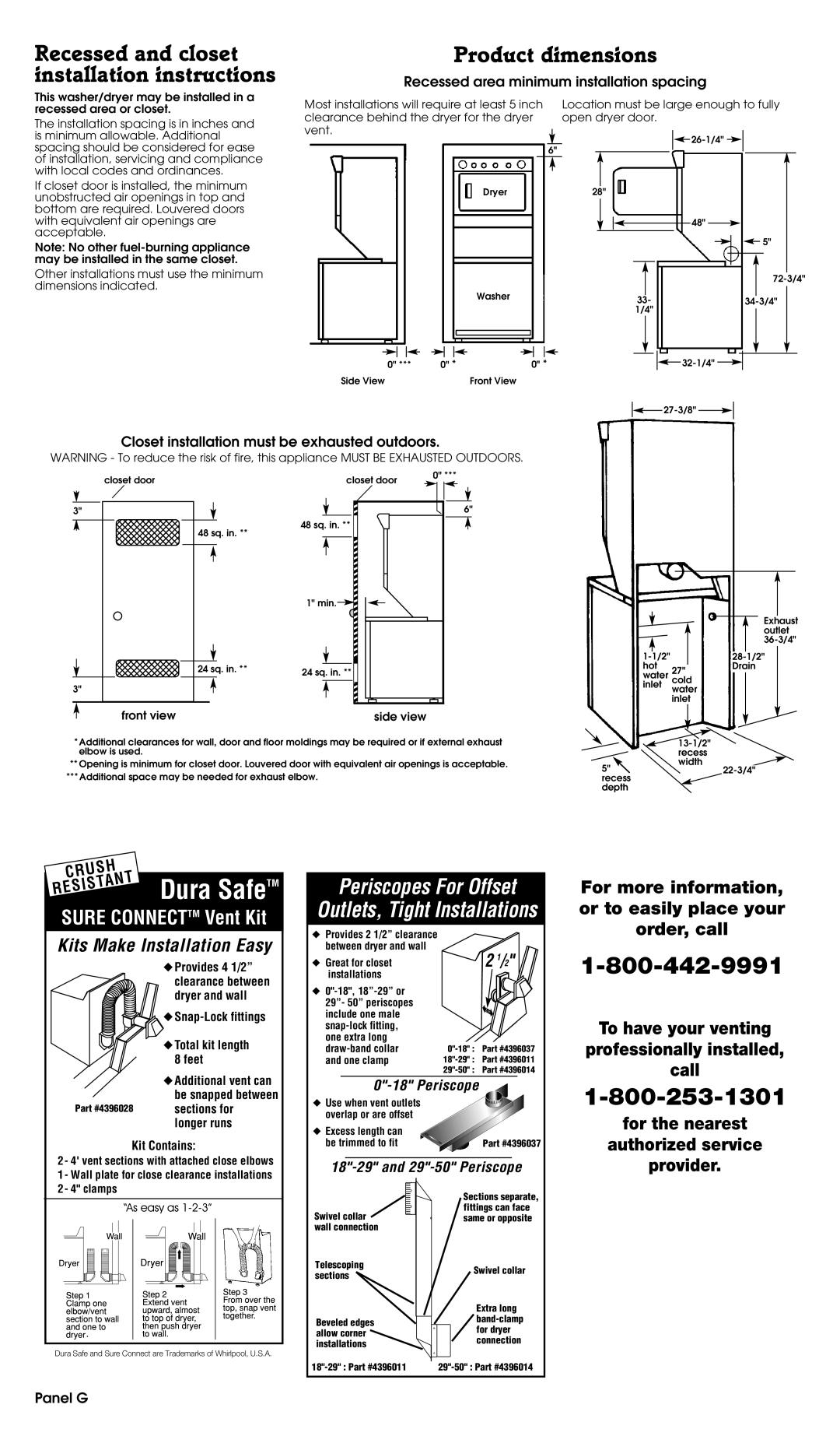 Whirlpool 3395326 Recessed and closet, Product dimensions, installation instructions, Panel G, Dura Safe, 2 1/2, Crush 